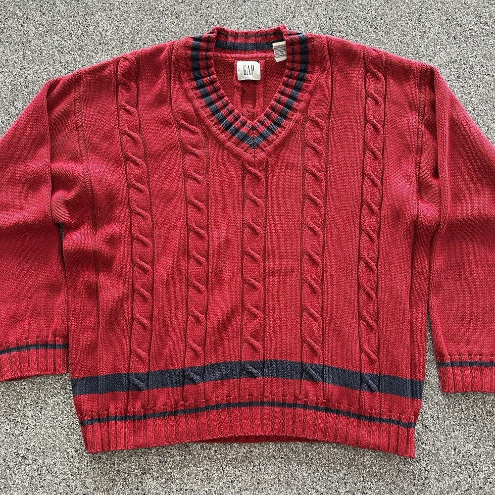 Gap Vintage V Neck Cable Knit Sweater Cricket Varsity Men's XL Red Navy